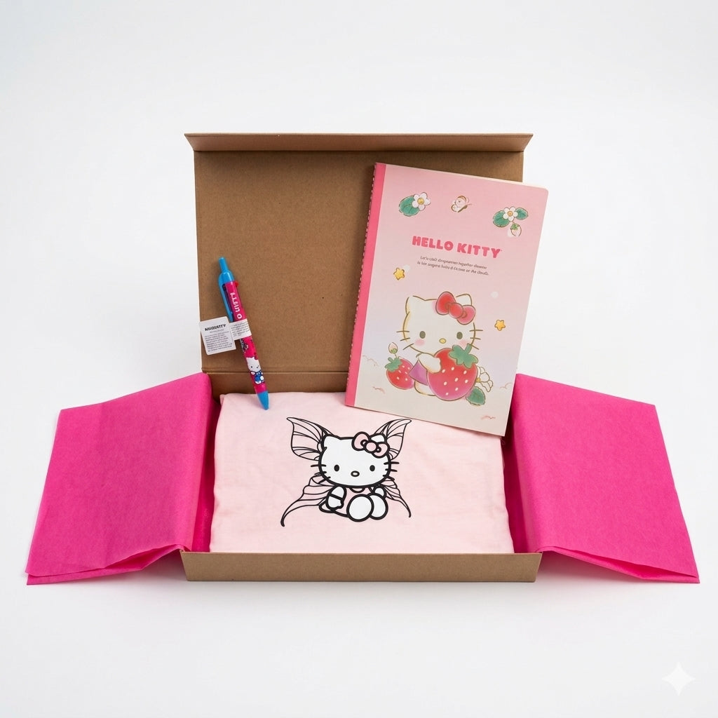 Hello Kitty Pink T-Shirt & Stationery Trio Gift Bundle
