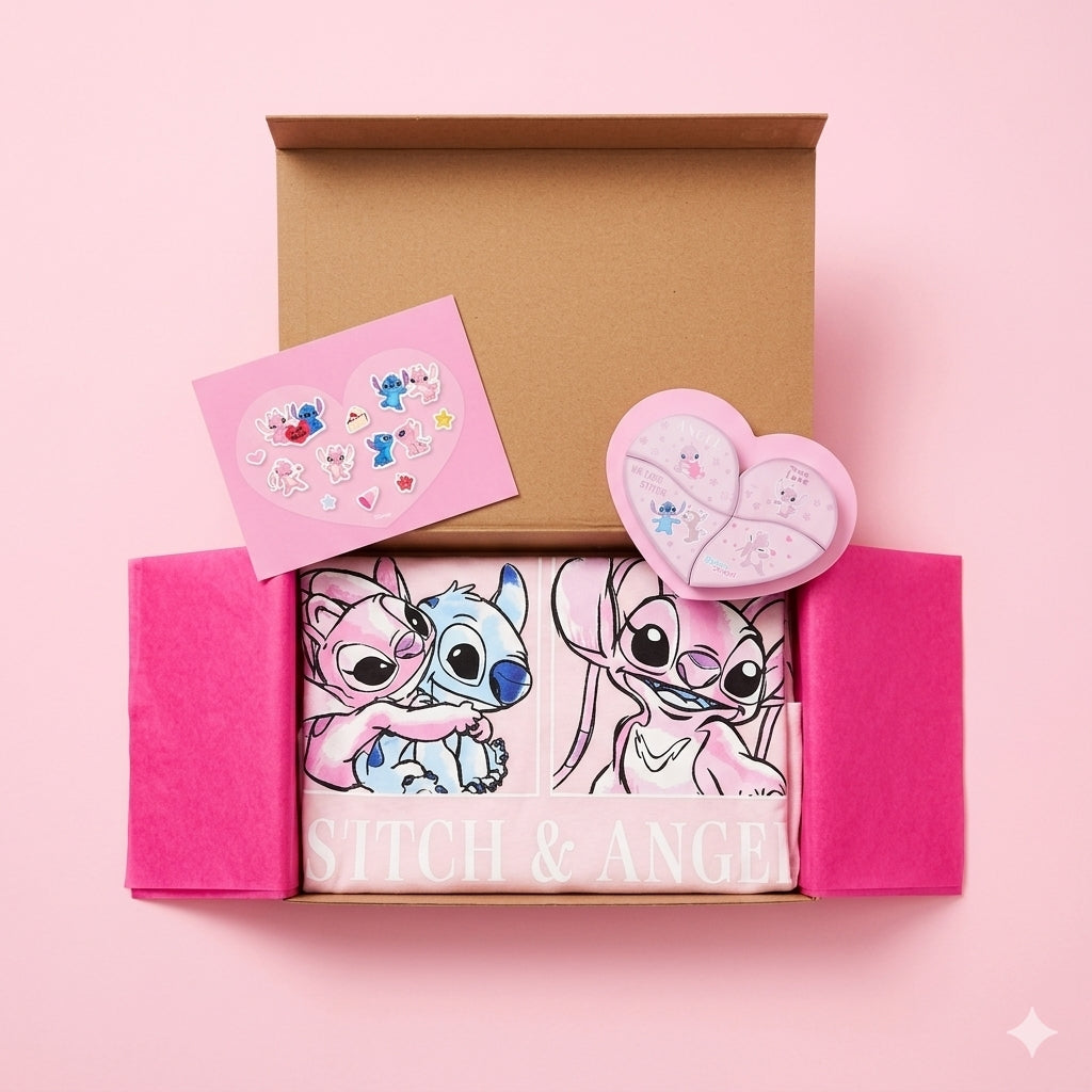 Stitch & Angel Valentines T-Shirt & Sticky Set Gift Bundle