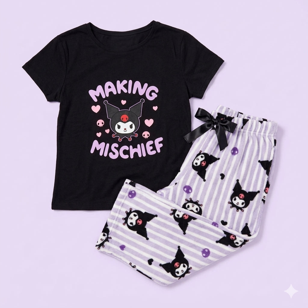 Kuromi HD Print T-Shirt & Plush Pant Pajama Set Signature Box